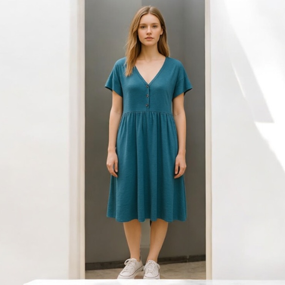 V-Neck Teal Midi Dress with Button Front